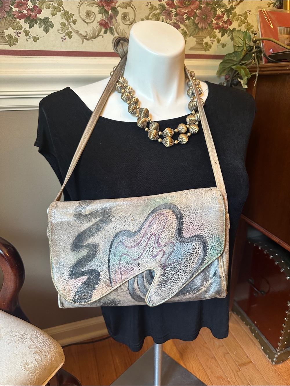 Signed hand-painted abstract soft leather Botary crossbody bag w/zip top